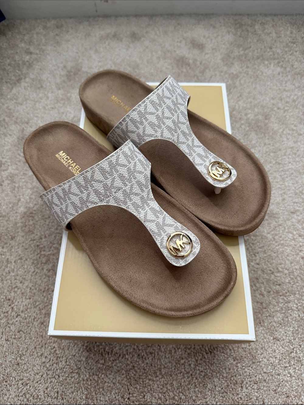 Michael Kors Beige and Brown MK Logo Thong Sandals